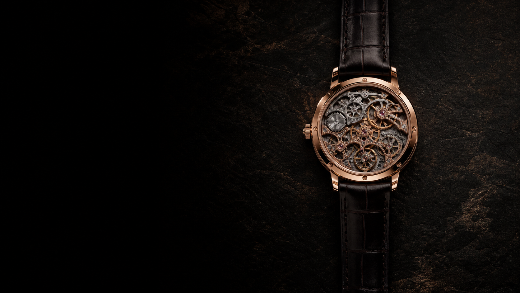 Rose-gold mechanical watch on dark stone with its intricate movement exposed